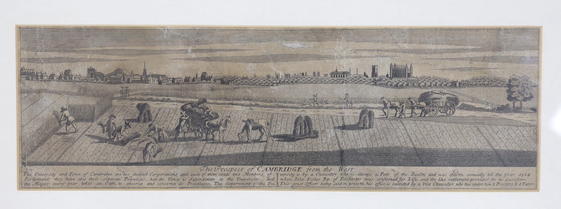 Three 17th/18th century engravings; Collegium St Iohannis Evangelista, 40 x 80cm and Prospects of Cambridge from the East and West, 11 x 35cm